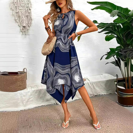 Womens Summer Midi Dresses Casual Sleeveless Crew Neck Asymmetrical Flowy Dress