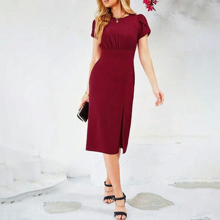 Women Summer Casual Dress Short Sleeve Crew Neck Ruched Split Bodycon Midi Dresses