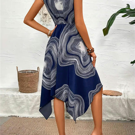 Womens Summer Midi Dresses Casual Sleeveless Crew Neck Asymmetrical Flowy Dress