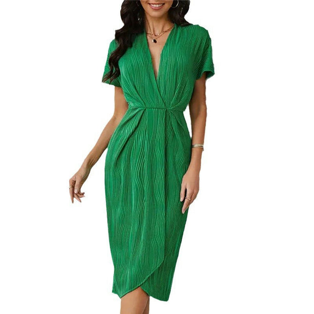 Women's Summer Dress Short Sleeve V Neck Elegant Pleated Waist Split Bodycon Midi Dress