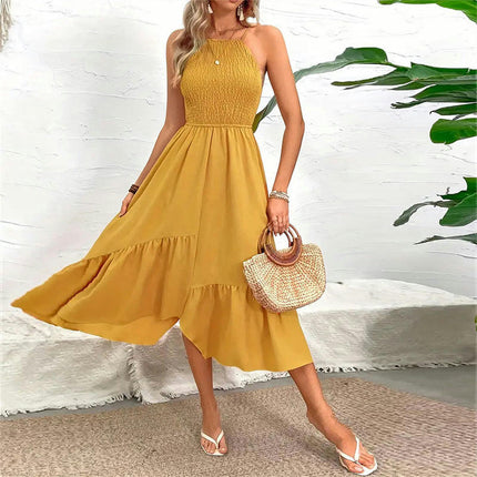 Women's Summer Maxi Dress Spaghetti Strap Smocked Backless Ruffle Flowy Long Dresses