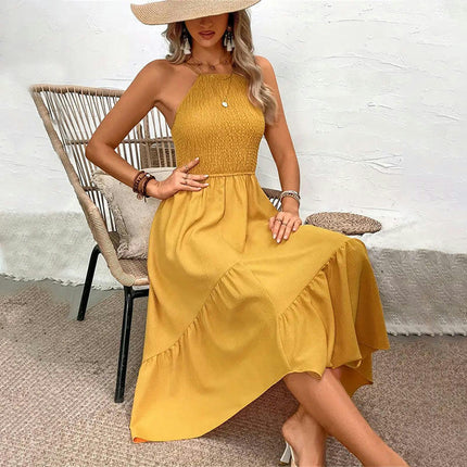 Women's Summer Maxi Dress Spaghetti Strap Smocked Backless Ruffle Flowy Long Dresses