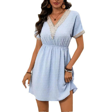 Women Summer Dresses Mini Dress Lace V Neck Short Sleeve A Line Flowy Dress