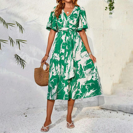 Women's Summer Casual Short Flutter Sleeve V Neck Boho Floral Flowy Maxi Dress