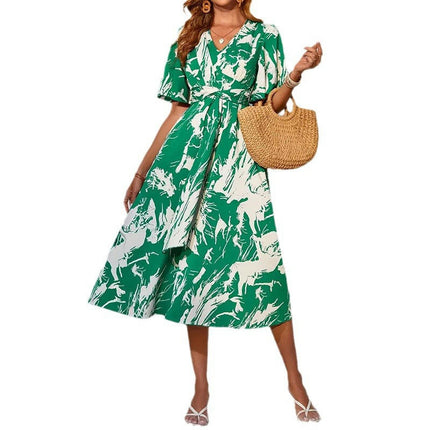 Women's Summer Casual Short Flutter Sleeve V Neck Boho Floral Flowy Maxi Dress