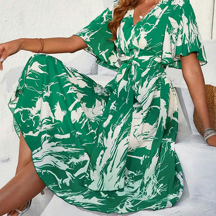 Women's Summer Casual Short Flutter Sleeve V Neck Boho Floral Flowy Maxi Dress