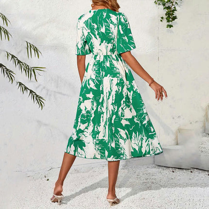 Women's Summer Casual Short Flutter Sleeve V Neck Boho Floral Flowy Maxi Dress