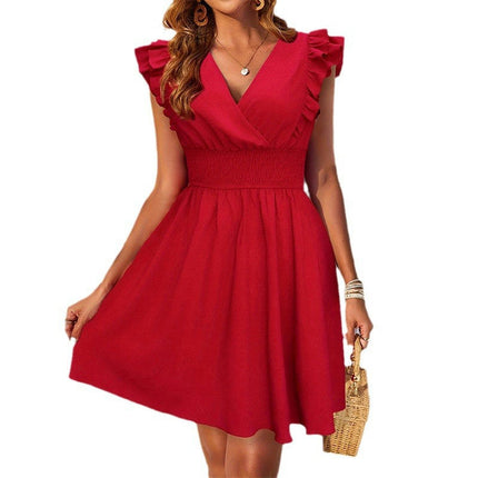 Womens Summer Dresses Boho V Neck Ruffle Sleeve Smocked Waist  Mini Dress