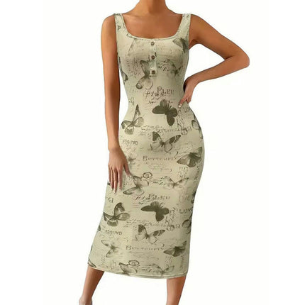 Women Midi Bodycon Dresses Square Neck Sleeveless Print Summer Tank Dress