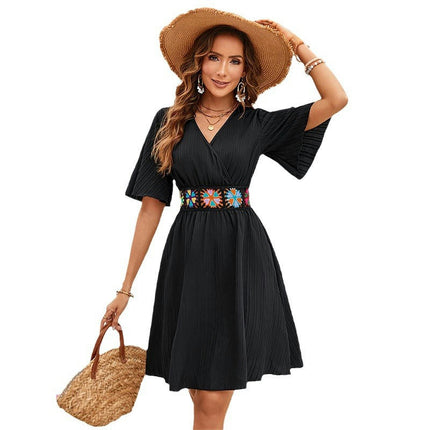 Womens Summer Dresses V Neck Short Flutter Sleeve Smocked Waist Flowy Mini Dress