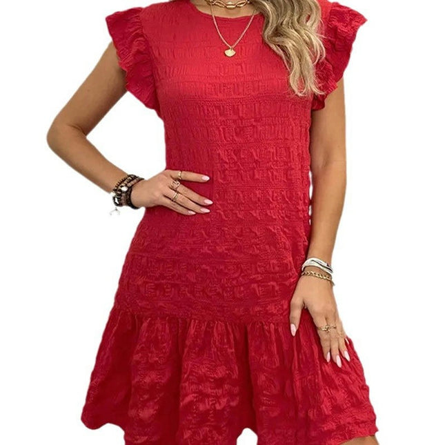 Womens Summer Dresses Cap Sleeve Crew Neck Casual Ruffle A-Line Swing Mini Dress