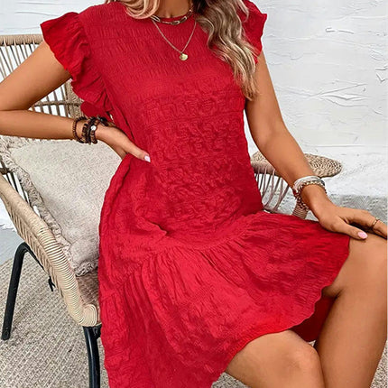 Womens Summer Dresses Cap Sleeve Crew Neck Casual Ruffle A-Line Swing Mini Dress