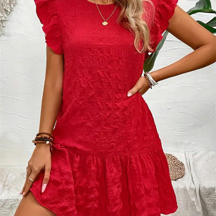 Womens Summer Dresses Cap Sleeve Crew Neck Casual Ruffle A-Line Swing Mini Dress