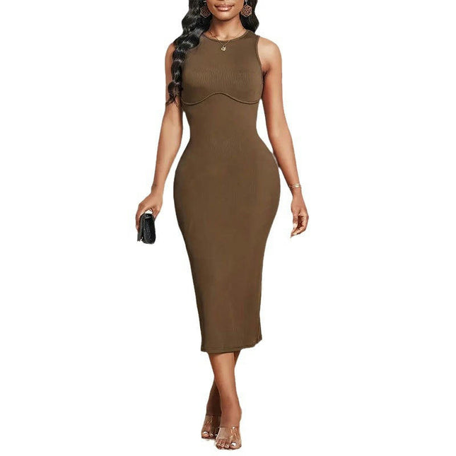 Women's Sleeveless Crew Neck Bodycon Maxi Dress Backless Split Long Dresses