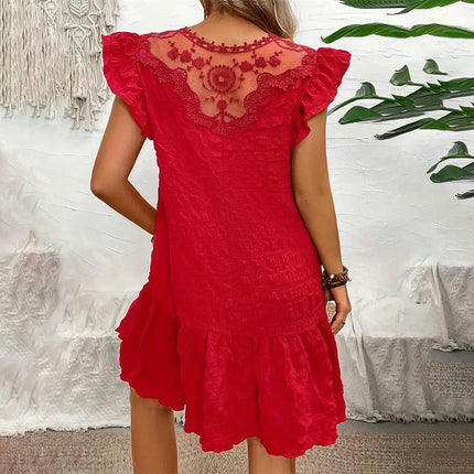 Womens Summer Dresses Cap Sleeve Crew Neck Casual Ruffle A-Line Swing Mini Dress