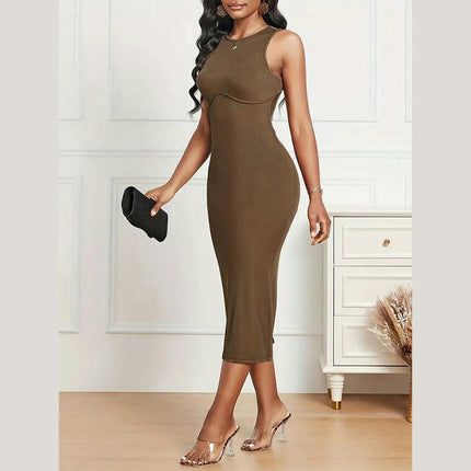 Women's Sleeveless Crew Neck Bodycon Maxi Dress Backless Split Long Dresses