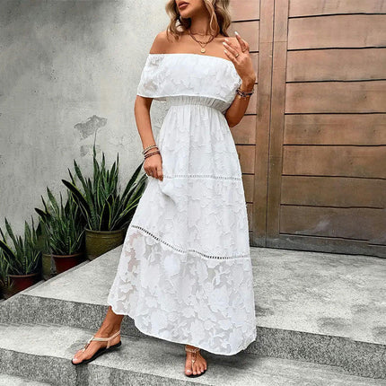 Women's Off The Shoulder Floral Lace Maxi Dress White Party Long Dresses