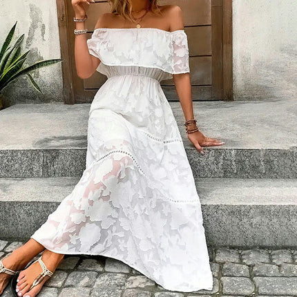 Women's Off The Shoulder Floral Lace Maxi Dress White Party Long Dresses