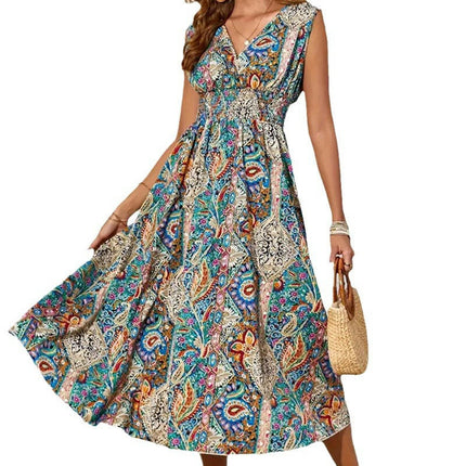 Women's Floral Summer Dress Sleeveless V Neck Smocked Waist Flowy Dresses