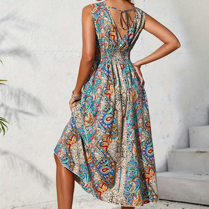 Women's Floral Summer Dress Sleeveless V Neck Smocked Waist Flowy Dresses