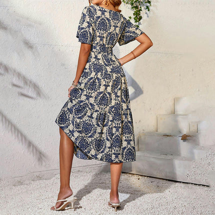 Womens Summer Crew Neck Dress Casual Short Flutter Sleeve Floral Boho Flowy Midi Dress