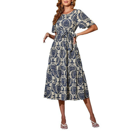 Womens Summer Crew Neck Dress Casual Short Flutter Sleeve Floral Boho Flowy Midi Dress