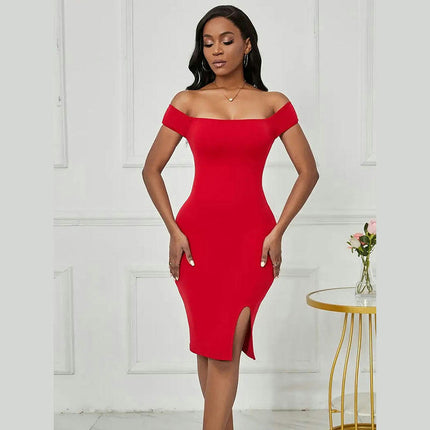 Women's Summer Casual Dress Off The Shoulder Backless Split Bodycon Midi Dresses