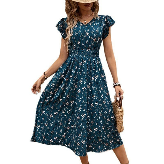 Women's Summer Casual Floral Ruffle Cap Sleeve V Neck Smocked Flowy Midi Dress