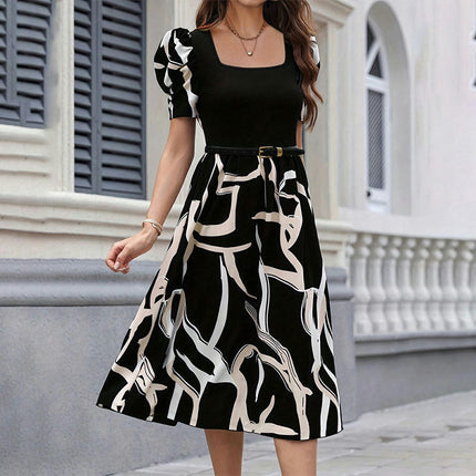 Women Summer Puff Sleeve Dress Square Neck Print Flowy A Line Midi Dresses