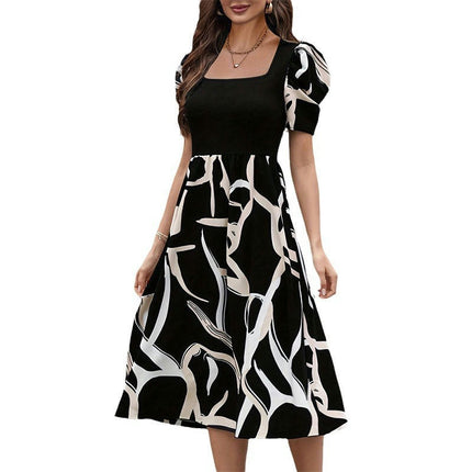 Women Summer Puff Sleeve Dress Square Neck Print Flowy A Line Midi Dresses