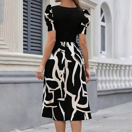 Women Summer Puff Sleeve Dress Square Neck Print Flowy A Line Midi Dresses