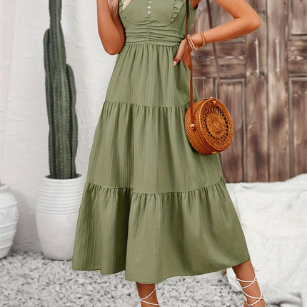 Women's Summer Casual Smocked Waist Ruffle Cap Sleeve V Neck Flowy Midi Dress