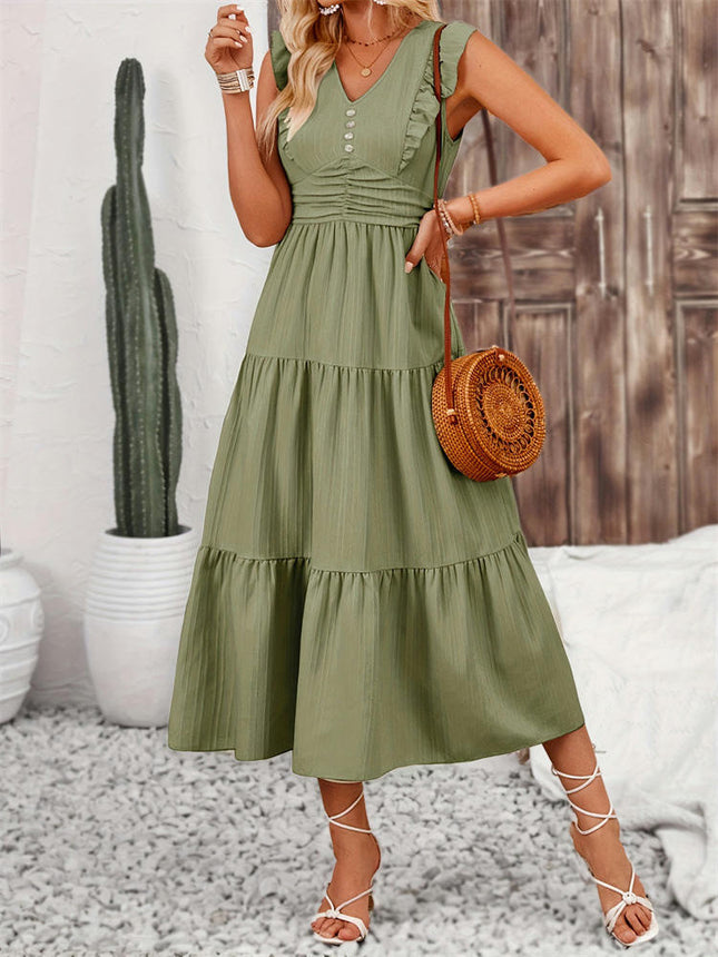 Women's Summer Casual Smocked Waist Ruffle Cap Sleeve V Neck Flowy Midi Dress