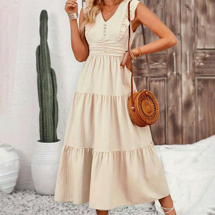 Women's Summer Casual Smocked Waist Ruffle Cap Sleeve V Neck Flowy Midi Dress