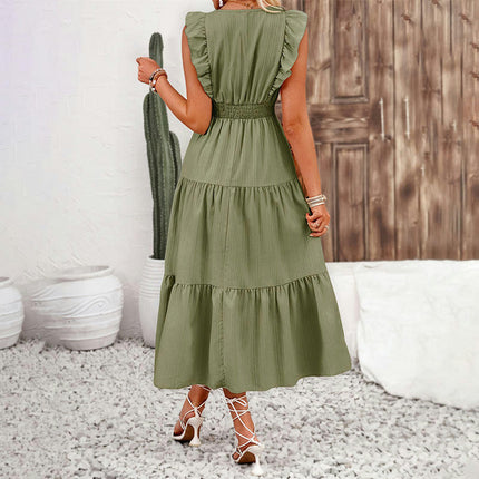 Women's Summer Casual Smocked Waist Ruffle Cap Sleeve V Neck Flowy Midi Dress