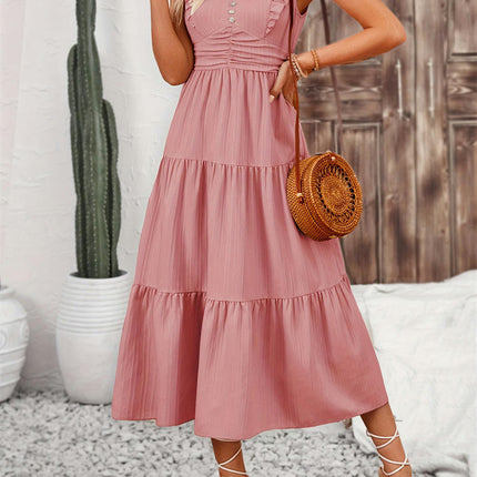 Women's Summer Casual Smocked Waist Ruffle Cap Sleeve V Neck Flowy Midi Dress