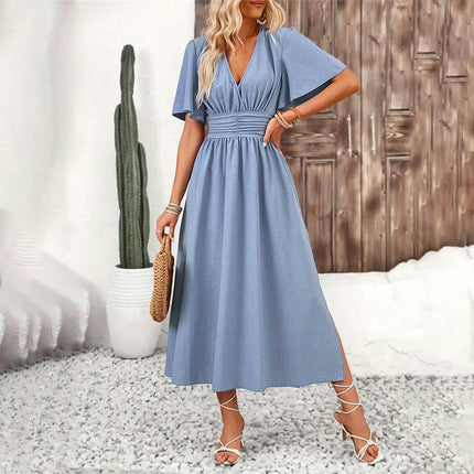 Women's Summer Casual Floral Short Flutter Sleeve V Neck Flowy Split Midi Dress