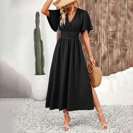 Women's Summer Casual Floral Short Flutter Sleeve V Neck Flowy Split Midi Dress