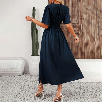 Women's Summer Casual Floral Short Flutter Sleeve V Neck Flowy Split Midi Dress