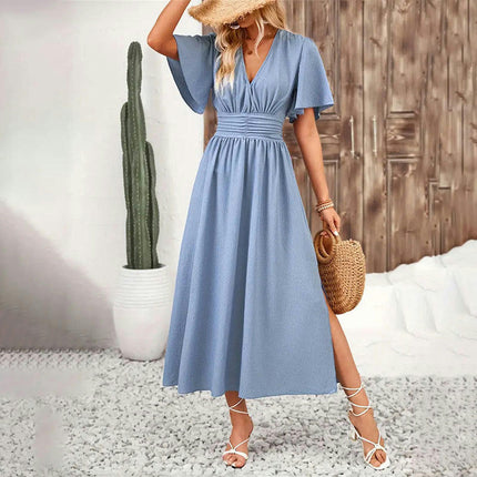 Women's Summer Casual Floral Short Flutter Sleeve V Neck Flowy Split Midi Dress