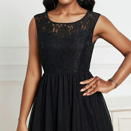 Women's Elegant Lace Crew Neck Sleeveless Mesh A-Line Party Swing Dresses