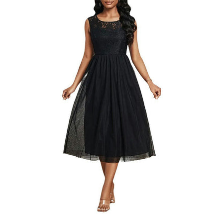 Women's Elegant Lace Crew Neck Sleeveless Mesh A-Line Party Swing Dresses