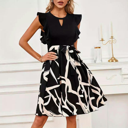 Women Ruffled Cap Sleeve Dresses Crew Neck Flowy A Line Mini Dress