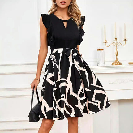 Women Ruffled Cap Sleeve Dresses Crew Neck Flowy A Line Mini Dress