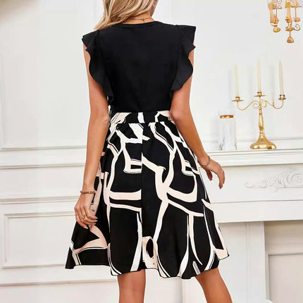 Women Ruffled Cap Sleeve Dresses Crew Neck Flowy A Line Mini Dress