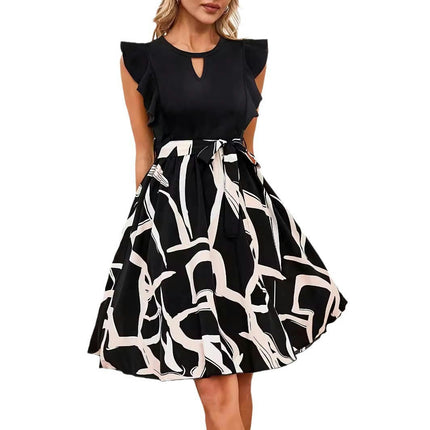 Women Ruffled Cap Sleeve Dresses Crew Neck Flowy A Line Mini Dress