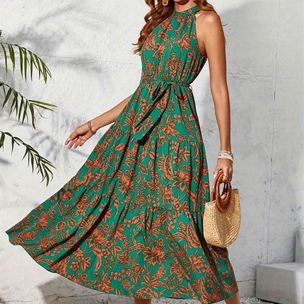 Womens Casual Halter Neck Midi Dress Sleeveless Floral Print A-line Summer Dresses