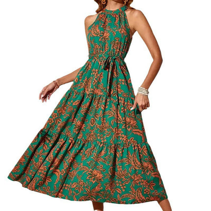 Womens Casual Halter Neck Midi Dress Sleeveless Floral Print A-line Summer Dresses