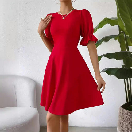 Women Summer Puff Short Sleeve Dresses Casual High Waist A Line Swing Mini Dress