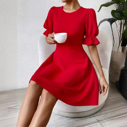 Women Summer Puff Short Sleeve Dresses Casual High Waist A Line Swing Mini Dress